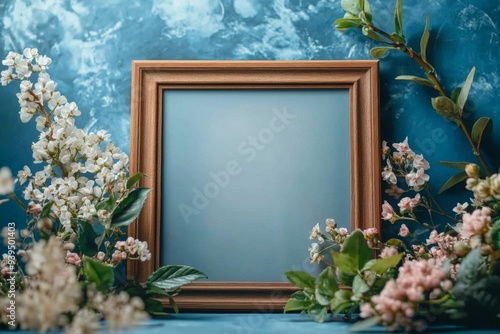 Elegant Home Decor Highlighting a Wooden Photo Frame Adorned with Fresh Flowers and Leaves, Graphic Resources, Wallpapers, Brochure, Advertising,