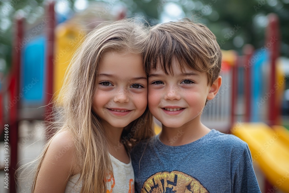 Portrait of two friends or siblings girl and boy embracing warmly on outdoor playground, Generative AI Portrait of two friends or siblings girl and boy embracing warmly on outdoor playground, Generative AI