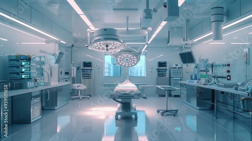 Photo of a clean, modern operating room with an operating table in the middle. Surrounded by modern medical equipment