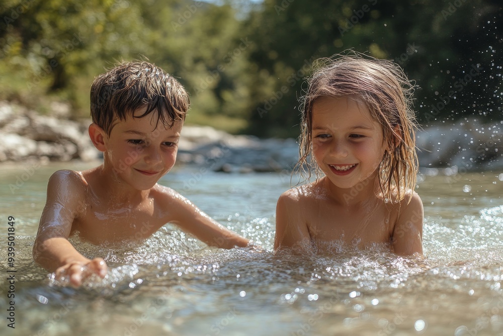 Obraz premium Girl and boy siblings playing near water of Italian Tirino river in Abruzzo, Generative AI