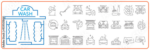 Car wash line icon. Automatic cleaning station linear signs. Bucket with foam bubbles, sponge and spray flat line icons set