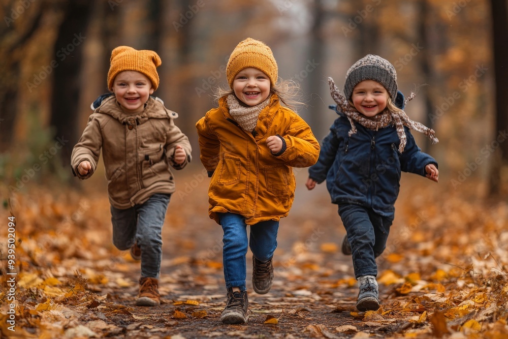 Happy three siblings children running in autumn forest. Family outdoor concept, Generative AI Happy three siblings children running in autumn forest. Family outdoor concept, Generative AI
