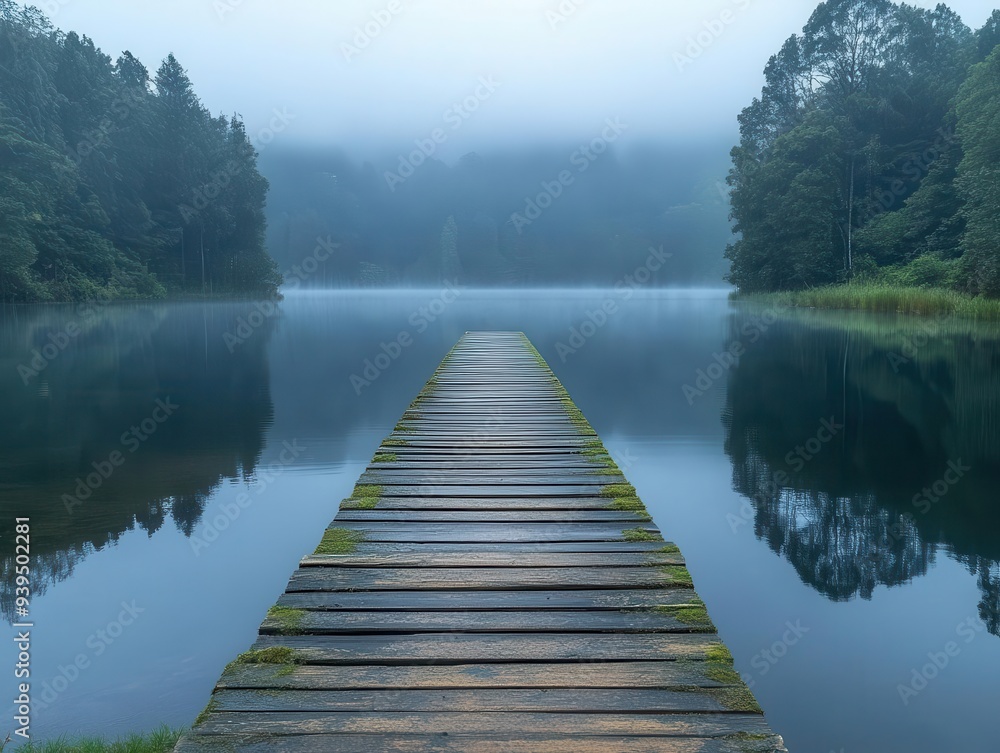 tranquil lakeside scene at dawn with a wooden pier stretching into misty waters surrounded by lush forest and reflected in the still surface tranquil lakeside scene at dawn with a wooden pier stretching into misty waters surrounded by lush forest and reflected in the still surface