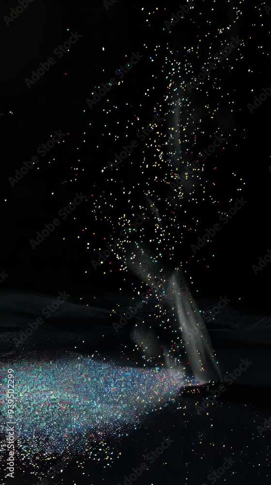 This image presents a black background with colorful glitter particles ...