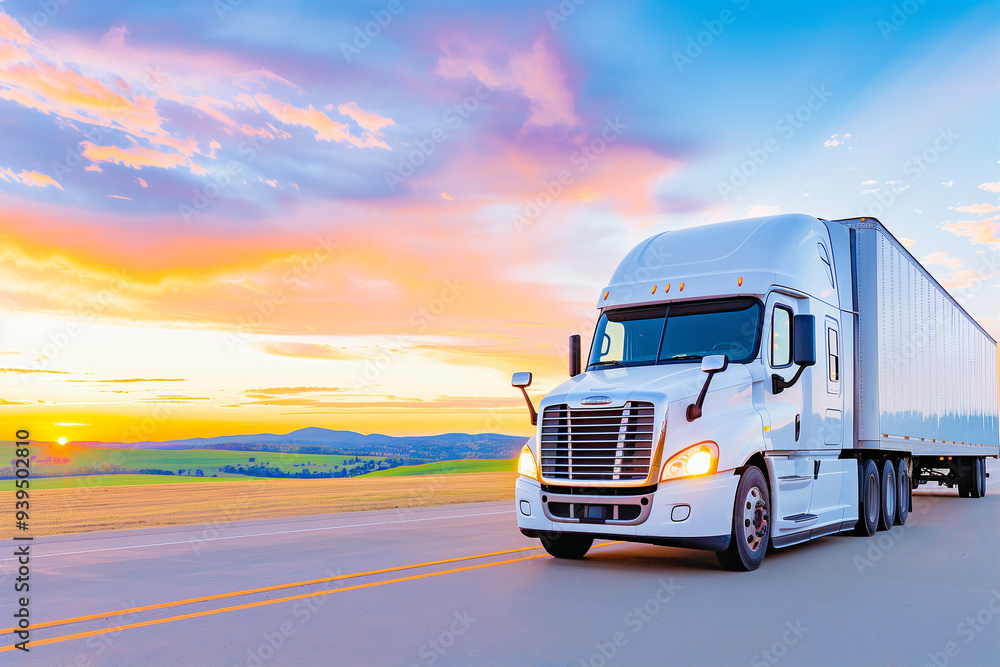 Freight Truck on Open Road at Sunset. Majestic trucking industry scene showcasing a powerful semi-truck against a vibrant sunset backdrop. Capturing the essence of transport and adventure Freight Truck on Open Road at Sunset. Majestic trucking industry scene showcasing a powerful semi-truck against a vibrant sunset backdrop. Capturing the essence of transport and adventure