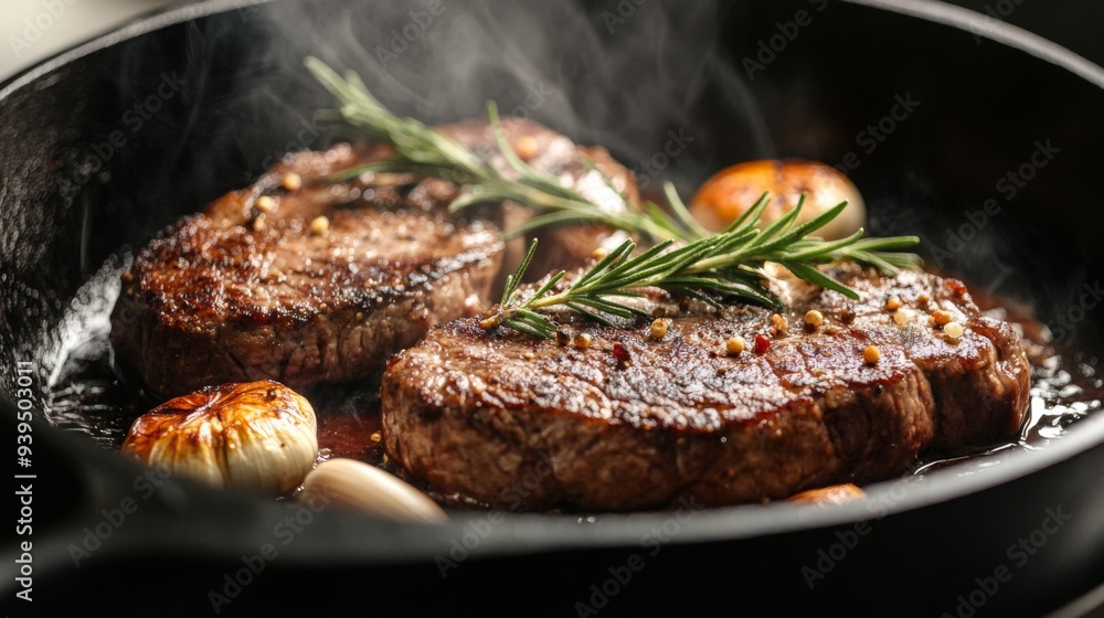 Sizzling steak in a hot cast-iron skillet, with garlic and rosemary, creating a mouth-watering aroma Sizzling steak in a hot cast-iron skillet, with garlic and rosemary, creating a mouth-watering aroma