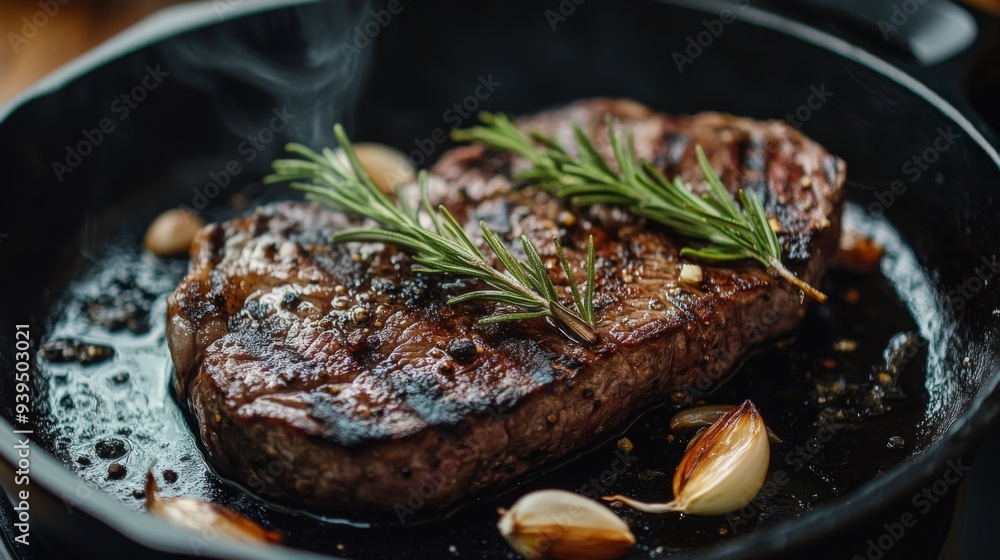 Sizzling steak in a hot cast-iron skillet, with garlic and rosemary, creating a mouth-watering aroma Sizzling steak in a hot cast-iron skillet, with garlic and rosemary, creating a mouth-watering aroma