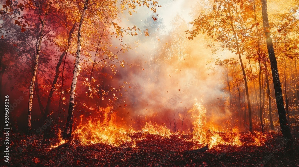 A forest engulfed in flames, showcasing the destructive impact of wildfires. A forest engulfed in flames, showcasing the destructive impact of wildfires.
