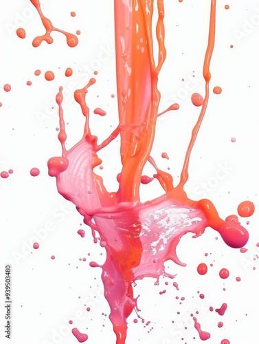 An eye-catching image showing pink and orange paint droplets dynamically splashing and forming a sculptural burst against a white backdrop. photo