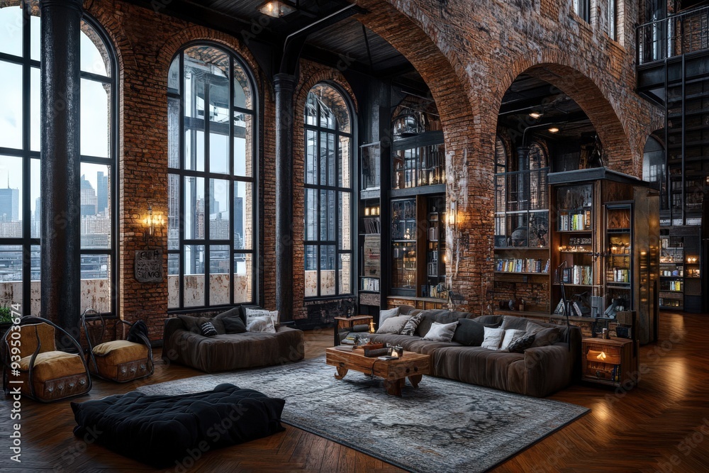 A spacious modern loft featuring exposed brick walls, large windows allowing ample natural light, cozy seating areas, bookshelves, and an open, inviting ambiance. A spacious modern loft featuring exposed brick walls, large windows allowing ample natural light, cozy seating areas, bookshelves, and an open, inviting ambiance.