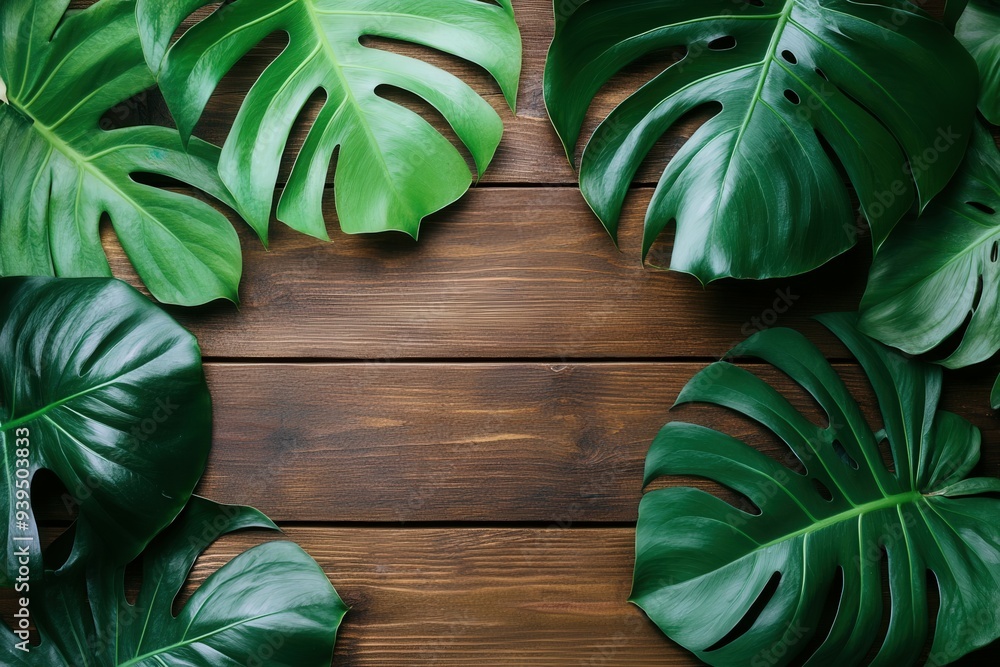 Monstera leaves arranged on a rustic wooden table background Monstera leaves arranged on a rustic wooden table background