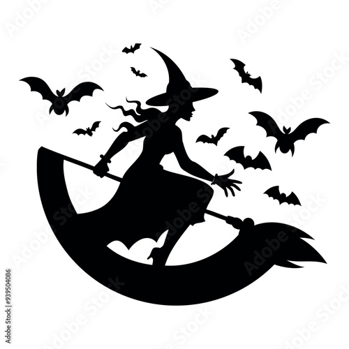 Halloween Witch black silhouette on a broomstick with bats, pumpkin isolated on a white background, Vector illustration photo