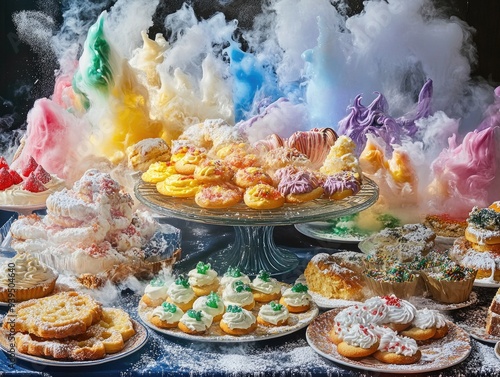 Colorful Assortment of Pastries with Vibrant Smoke Effect for Eye-catching Dessert Photography photo