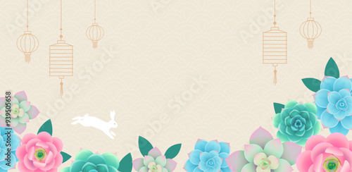 Moon festival vector background with festive lanterns, blooming flowers and jade rabbit. Mid-Autumn festival illustration with asian pattern and copy space