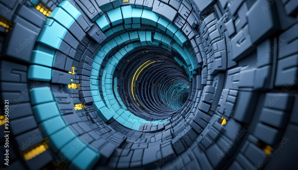 Fototapeta premium Futuristic tunnel with intricate geometric patterns and neon lights, creating a surreal digital atmosphere.