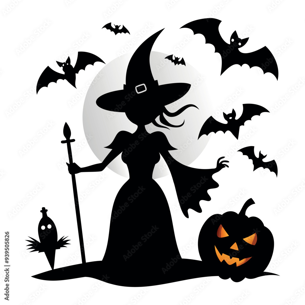 Fototapeta premium Halloween Witch black silhouette on a broomstick with bats, pumpkin isolated on a white background, Vector illustration