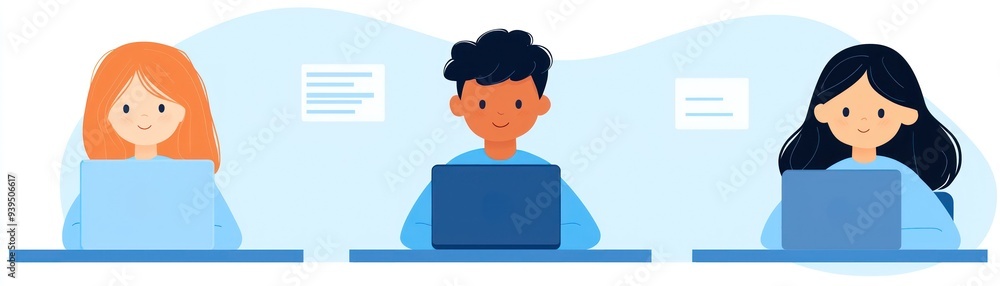 Three diverse individuals engaged in remote work, focusing on laptops in a modern workspace. Collaboration in a digital age. Three diverse individuals engaged in remote work, focusing on laptops in a modern workspace. Collaboration in a digital age.