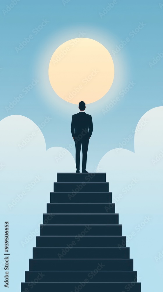 Obraz premium A silhouette of a businessman standing on stairs, gazing at the sun with clouds in the background, symbolizing achievement.