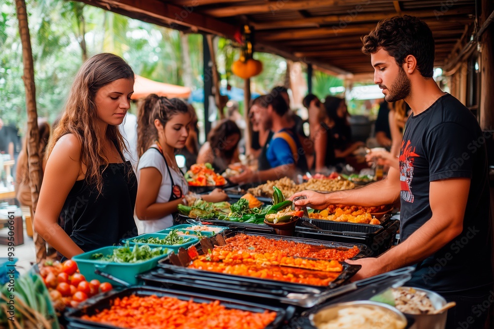 Obraz premium People enjoying a vibrant outdoor market featuring fresh vegetables, fruits, and local delicacies during a sunny afternoon