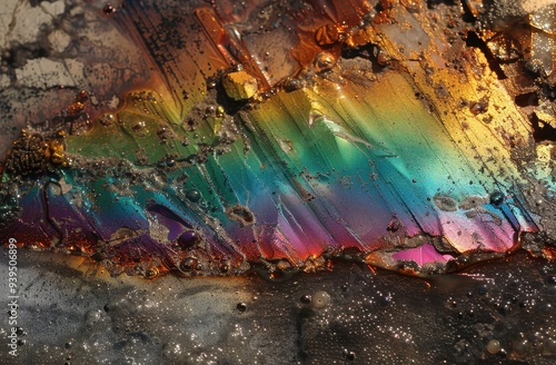 An intricate close-up of an iridescent metal surface displaying a wide spectrum of vibrant colors and detailed textures. photo