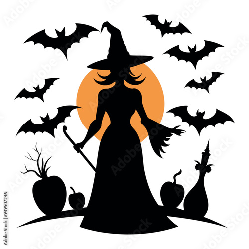 Halloween Witch black silhouette on a broomstick with bats, pumpkin isolated on a white background, Vector illustration photo