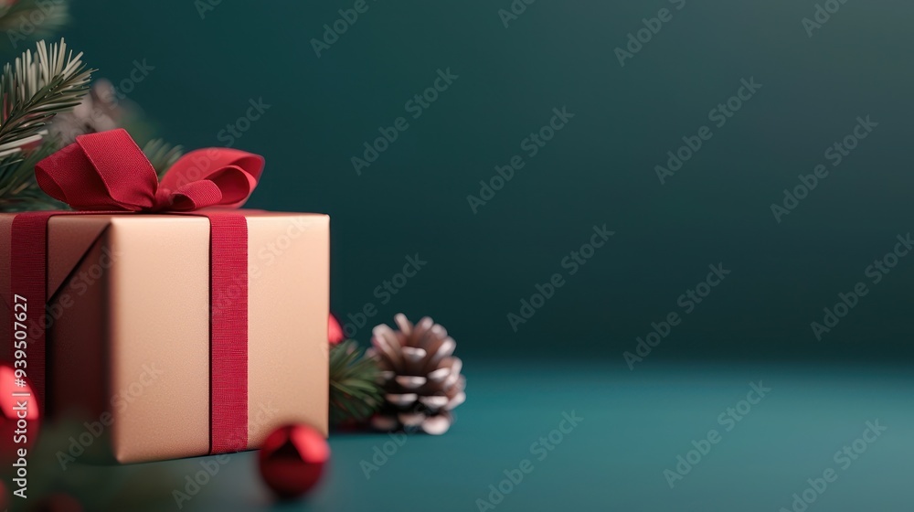 A beautifully wrapped gift box with a red ribbon, surrounded by pinecones and festive decor, perfect for holiday celebrations. A beautifully wrapped gift box with a red ribbon, surrounded by pinecones and festive decor, perfect for holiday celebrations.