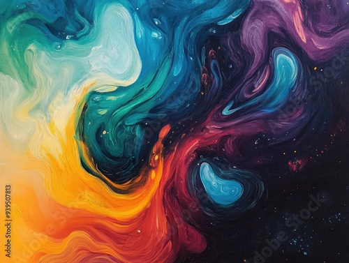 Vibrant Abstract Painting with Swirling Colors and Cosmic Patterns in Modern Art Style