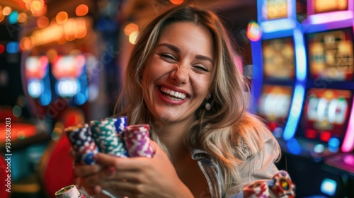Wallpaper Mural Smiling and happy female gambler wins slot machine prize In her hand were many chips filled with hope. Torontodigital.ca