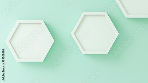 Minimalistic 3D Render of Layered Hexagons on Light Green Background