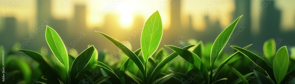 Fototapeta premium Vibrant green leaves emerging against a city skyline during sunset, symbolizing growth and urban nature.