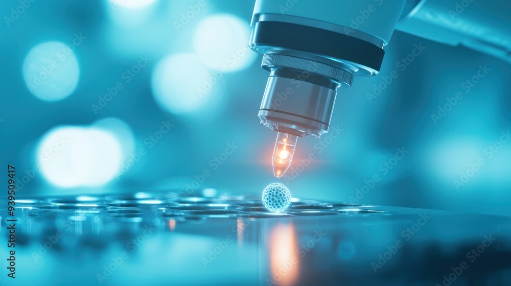 Close-up of a microscope working with a droplet on a slide in a lab, showcasing precision and scientific research. Close-up of a microscope working with a droplet on a slide in a lab, showcasing precision and scientific research.