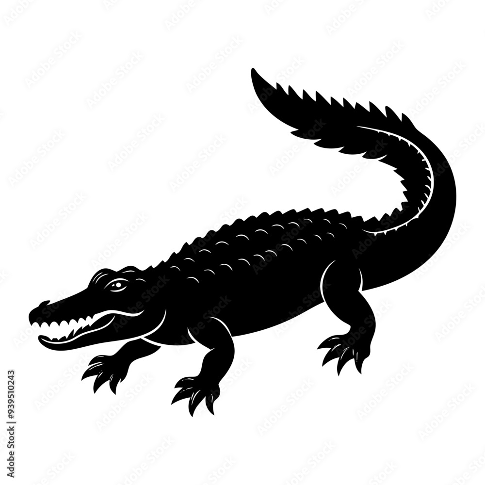 Fototapeta premium A black silhouette crocodile alligator illustration vector white background 