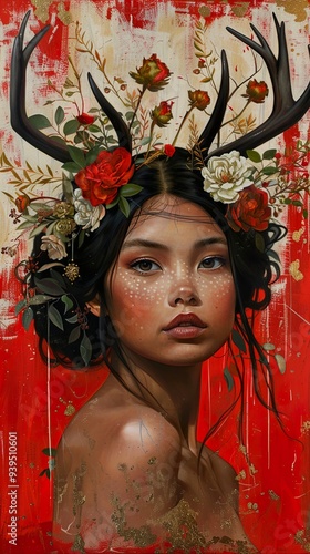 Woman with Antlers and Floral Crown: A Surreal Portrait photo