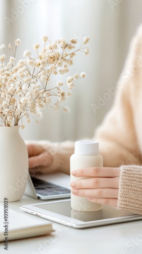 A cozy workspace featuring a laptop, a hand holding a bottle, and a vase with dried flowers, perfect for wellness and productivity. photo