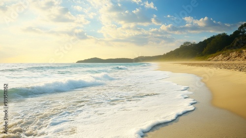 Wide shot of a beach with rhythmic waves breaking against the shore, with a peaceful, tranquil atmosphere