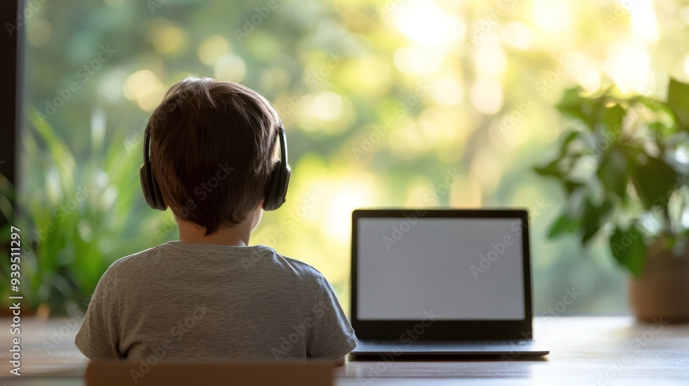A child wearing headphones focuses on a laptop screen, with a sunny outdoor view creating a bright and inviting atmosphere. A child wearing headphones focuses on a laptop screen, with a sunny outdoor view creating a bright and inviting atmosphere.