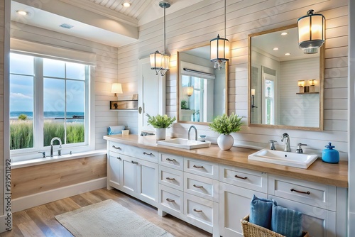 Sleek, airy bathrooms with whitewashed fixtures, natural accents, and pops of blue evoke a coastal vibe, perfect for relaxation and rejuvenation.