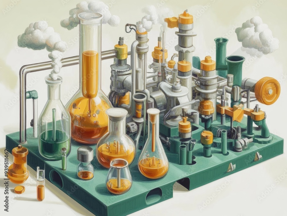 Intricate Laboratory Chemistry Set with Experiment Apparatus and Colorful Liquids