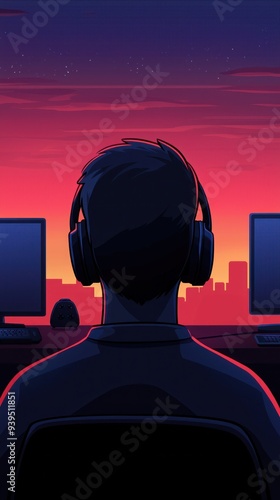 A person wearing headphones, immersed in gaming with two monitors against a vibrant sunset backdrop. Ideal for tech and gaming concepts. photo