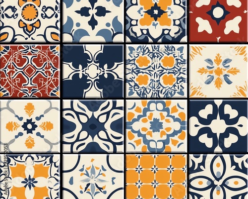 Colorful geometric pattern tiles with blue, orange, red and white colors.