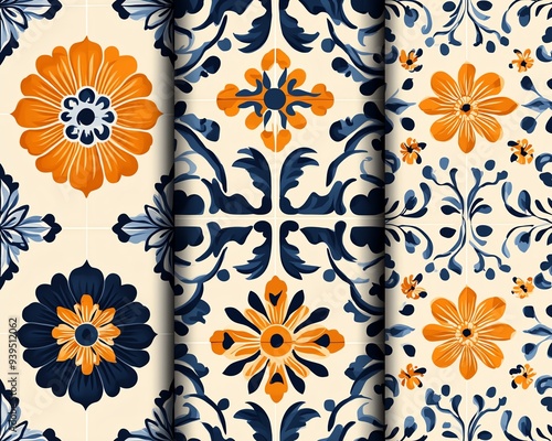 Set of three seamless floral patterns in blue and orange colors.