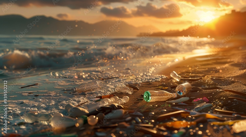 Trash Sunset Polluted beach at sunset a disturbing view of trash and waste marring ...