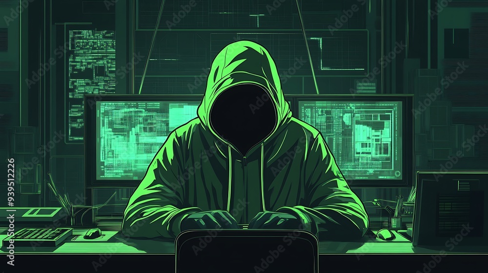 Digital Hacker in Green Hoodie at High-Tech Workstation with Holographic Interface - M3 Style Vector Illustration Digital Hacker in Green Hoodie at High-Tech Workstation with Holographic Interface - M3 Style Vector Illustration