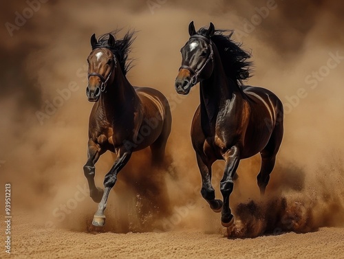 Two Majestic Horses Running Through Dusty Desert at Full Speed photo