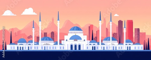 Vibrant illustration of a cityscape with mosques and minarets, framed by lush greenery. photo