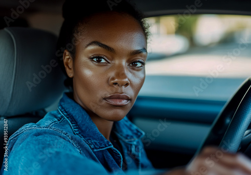 A black woman wearing denim shirt sitting in the driver's seat of her car photo