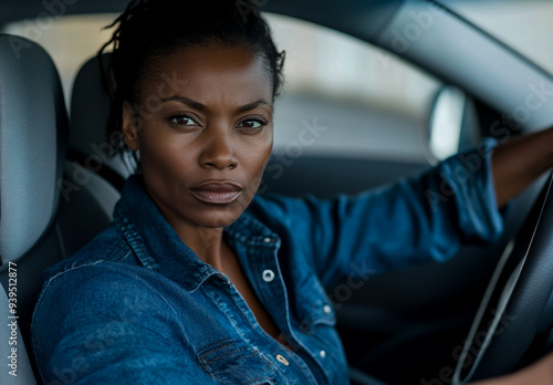 A black woman wearing denim shirt sitting in the driver's seat of her car photo