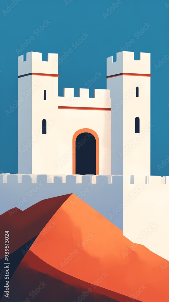 Minimalist illustration of a white castle with two towers against a blue sky with a sand dune in the foreground. Minimalist illustration of a white castle with two towers against a blue sky with a sand dune in the foreground.