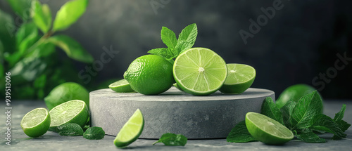 Fresh limes arranged on a stone surface, highlighting vibrant green colors and the natural beauty of citrus fruits. photo