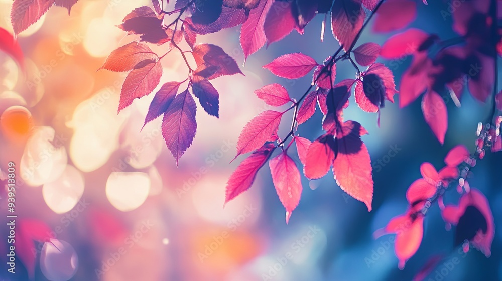 Close-up of vibrant red leaves on a branch, with a blurred background of warm, glowing lights. Close-up of vibrant red leaves on a branch, with a blurred background of warm, glowing lights.